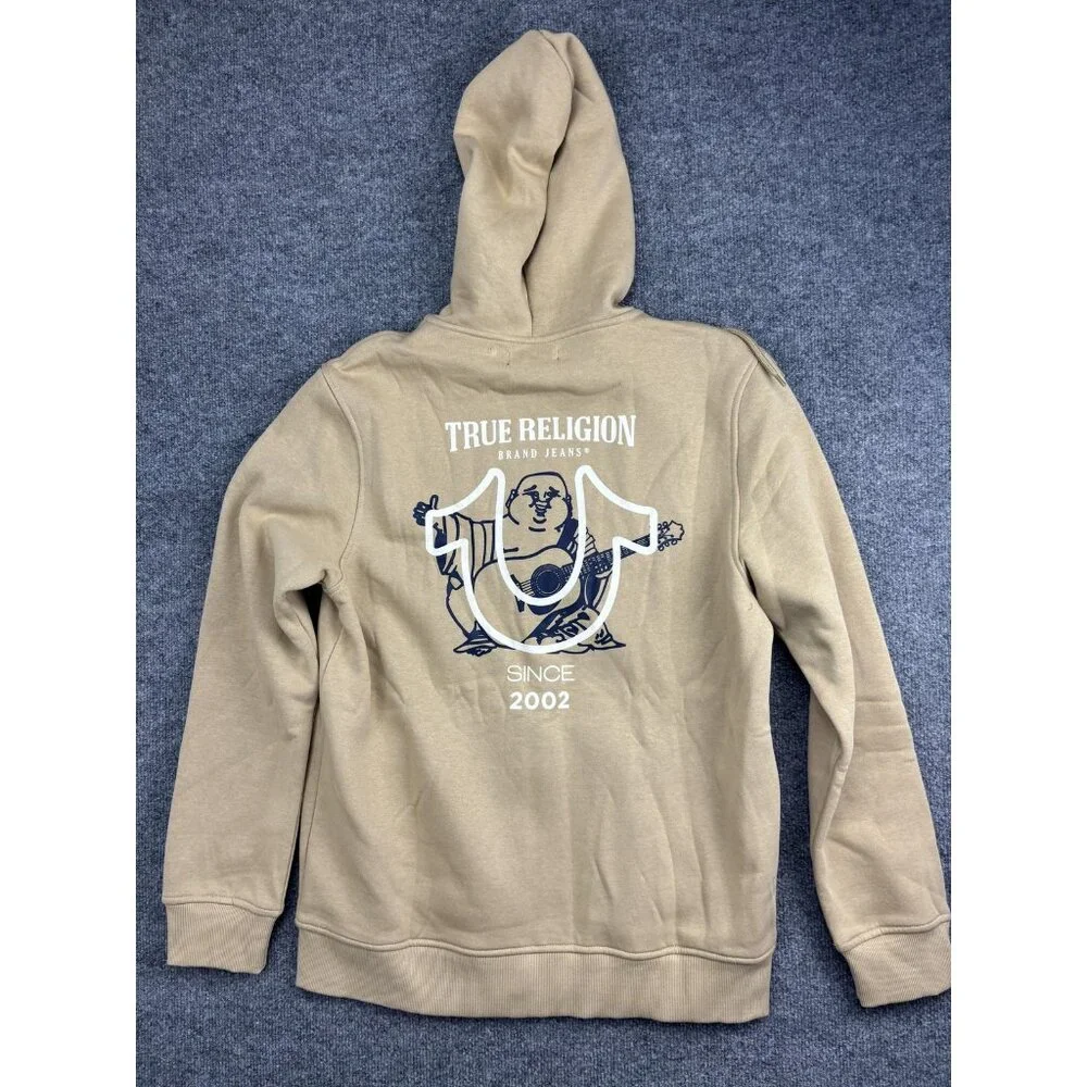 True Religion Hoodie Mens Large‎ Beige Full Zip Fleece Sweatshirt Logo Back